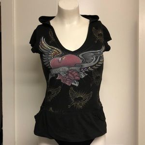 IN STYLE Black LOVE IS TRUE Winged Heart Hooded Top Pockets Bling S